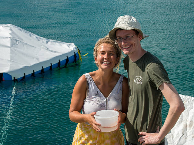 proud 'parents' with coral larvae: Lily Haines (PIMS) and John Parkinson (SECORE)